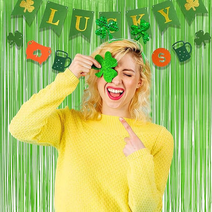 Lime Green Streamers Party Backdrop - GREATRIL Tinsel Curtain for St Patrick's Day/Frog/Wizard - 3.2ft X 8.2ft - 2 Packs