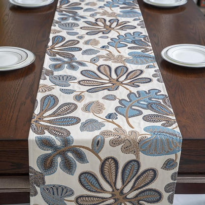 Mika Home Tropical Leaf Table Runner for Home Decor 13X72 Inches Blue Brown Seasonal Dining Table Decoration for Home