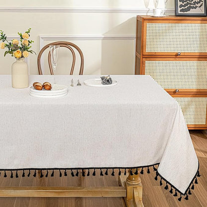 MYSKY HOME Table Cloth 60x102 in Rectangle Table, Cotton Tassel Linen Look Waterproof Tablecloths Farmhouse Tablecloth, Wrinkle Free Table Cover with Black Tassels for Kitchen Dining, Party