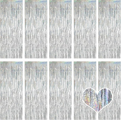 10 Pack Silver Backdrop Curtain 3.2ft x 8.2ft Metallic Tinsel Foil Fringe Curtains Photo Booth Background for Birthday Party Decoration Baby Shower Engagement Wedding Christmas Decoration (Silver)