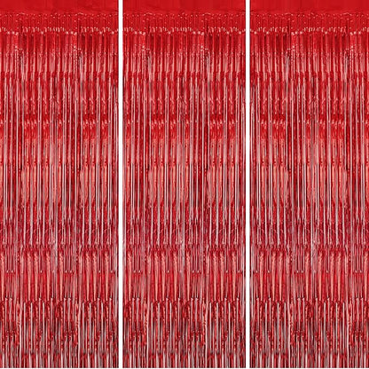 3 Pack Foil Fringe Backdrop - Red Shiny Tinsel Curtains for Party Decoration/Photo Booth Props - 3.3x8.2 FT Metallic Foil Backdrop for Birthday, Wedding, Graduation, Christmas.
