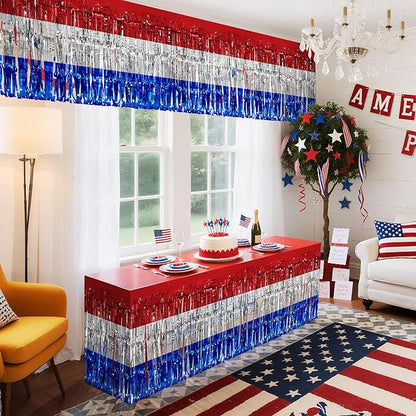 2 Pack Red&White&Blue Table Skirts, 29x108" Metallic Foil Tinsel Fringe Table Skirt for Rectangle Tables Streamer Curtains Backdrop, Party Decorations for Birthdays, Weddings, Holidays