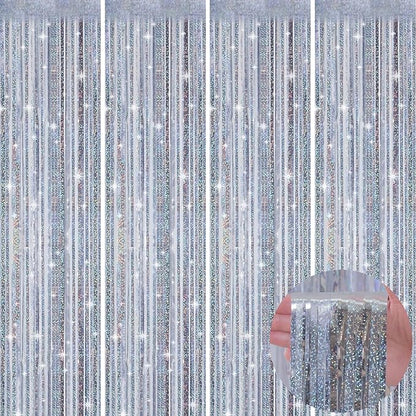 Picoway 4 Pack Foil Fringe Tinsel Backdrop Curtains, Birthday Engagement Bachelorette Party Decorations, Photo Booth Props Door Streamers Curtain (Silver)