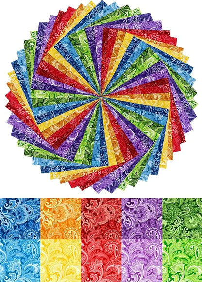 10"x 10" 50 PCS 100% Cotton Floral Fabric Squares Bundles Quilting Supplies for Sewing DIY & Quilt Beginners— Paisley