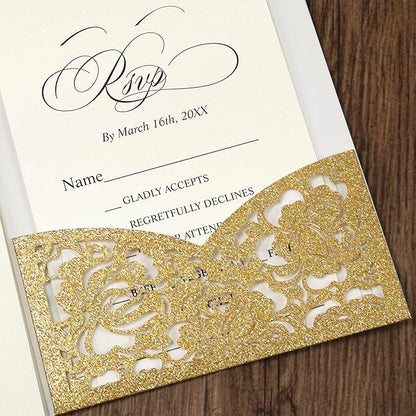 DORIS HOME 50pcs Laser Cut Wedding Invitation Pockets with Envelopes Gold Glitter, 5.12" x 7.12"Invitation Cards for Wedding, Anniversary (No Inserts Included)