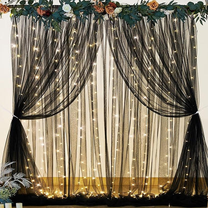 Black Sheer Backdrop Curtains with Lights String for Parties Birthday 10ft × 8ft Black Tulle Backdrop Curtain for Baby Shower Wedding Graduation Halloween Party Photo Shoot Decorations