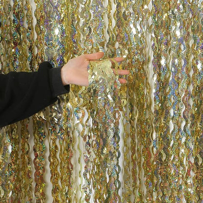 4 Pack Wavy Sparkle Champagne Gold Metallic Tinsel Foil Fringe Curtains Photo Booth Backdrop | Gold Streamer Backdrop for Holiday Celebration Bachelorette Party Decorations
