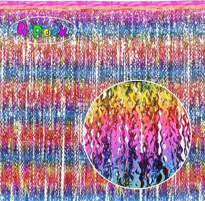 4 Pack Wavy Rainbow Foil Fringe Curtain | 3.3x6.6ft Colorful Tinsel Metallic Streamers Holiday Photo Booth Props Backdrop for Engagement Bridal Shower Unicorn Party Decorations