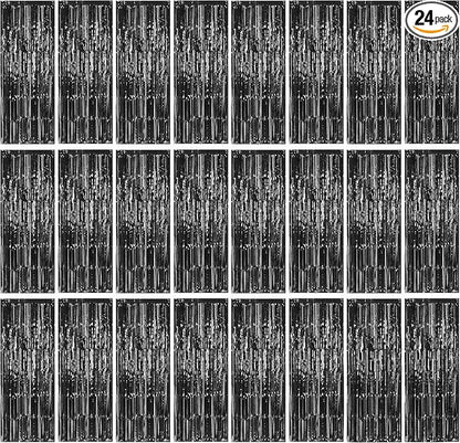 24 Pack Halloween Black Metallic Foil Fringe Curtains, 3.2ft x 8.2ft Foil Fringe Curtain Backdrop Foil Streamers Party Supplies Tinsel Curtain Backdrop for Parties/Halloween/Photo Booth