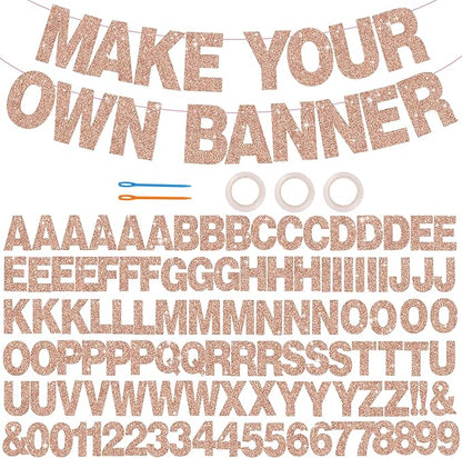 BEISHIDA 116 PCS A-Z Glitter Rose Gold DIY Letter Banner Kit Make Your Own Banner，Including 111 Letters and Numbers 3 Rope and 2 Threading Device,Customized for Birthday Graduation Wedding Party Decor