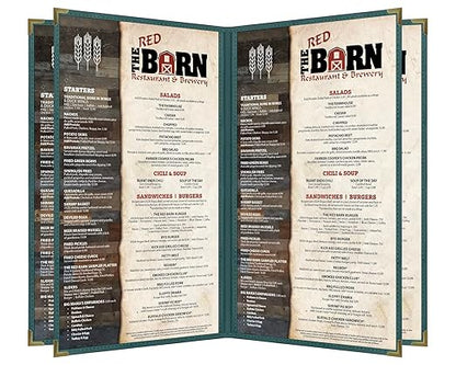 Goodsmart Pajco Style Restaurant Menu Covers – Pack of 10, Side-Loading Menu Holders, Single Stitched Edge, Clear Vinyl Menu Sleeves, Leatherette Trim, Gold Corners, Green, 6 View (8.5" x 14")