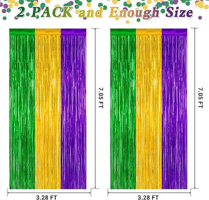 2 Pack Mardi Gras Tinsel Backdrop, 3.28 FT x 7.05 FT Metallic Fringe Curtain, Purple Gold Green Color Foil Backdrop Party Streamer, Mardi Gras Photo Booth Props Lobster Party Decorations