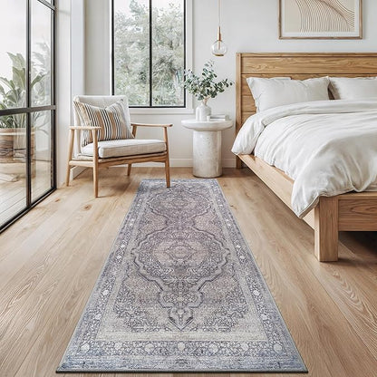 Bloom Rugs Washable Non-Slip 10 ft Runner - Blue/Steel Gray/Beige Traditional Medallion Runner for Entryway, Hallway, Bathroom, and Kitchen - Exact Size: 2.5' x 10'