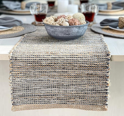 Chardin home Natural Jute Table Runner 13x108 Inch – Vintage Boho Rustic Table Decor – Handwoven Long Table Runner in Natural Jute and Grey – Farmhouse Dining or Console Table Accent