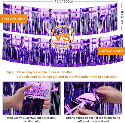 4 Pack Iridescent Fringe Float Curtain, Metallic Foil Fringe Garland Wall Hanging Drapes Tassel Foil Float for Parade Float Trailer, Birthday Holiday Outdoor/Indoor Party Decoration (Purple)