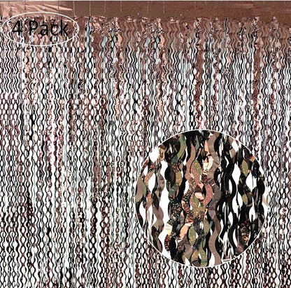 4Pcs Brown Metallic Wavy Tinsel Curtains - 3.3x6.6 ft Foil Curtain Backdrop for Birthday Party, Halloween Decor