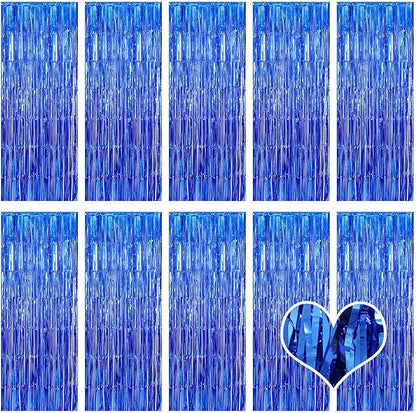 10 Pack Blue Backdrop Curtain 3.2ft x 8.2ft Metallic Tinsel Foil Fringe Curtains Photo Booth Background for Birthday Party Decoration Baby Shower Engagement Wedding Christmas Decoration (Blue)