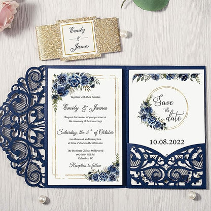DORIS HOME 50PCS Laser Cut Wedding Invitations with Envelopes and RSVP Cards BLANK Inner With Gold Glitter Belly Band for Wedding Engagement Bridal Shower Party Invite 4.7x7 Inch Navy Blue