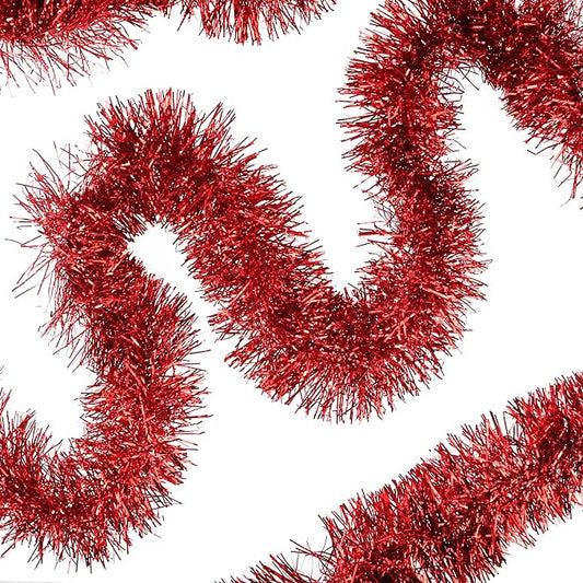 32.8 Ft Red Christmas Tinsel Garland Metallic Shiny Tassle Banner Wall Hanging Tinsel Streamers Backdrop for Christmas Holiday Birthday Party Supplies Indoor Outdoor Ornaments Home Decor