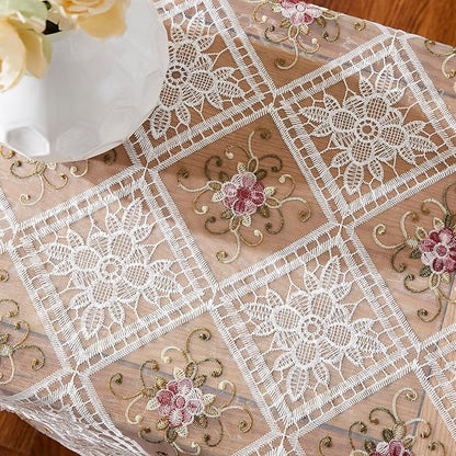 Warm Home Designs White Lace Table Runner. 72 Inch Long, Embroidered with Intricate Flower Design. Can Be Used As Dresser Scarf or Dining Table Runner. VTR White 72