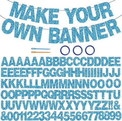 BEISHIDA 116 PCS Glitter Sky Blue DIY Letter Banner Kit Make Your Own Banner，Including 111 Letters and Numbers 3 Rope and 2 Threading Device,Customized for Birthday Graduation Wedding Party Decor