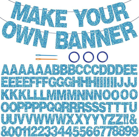BEISHIDA 116 PCS Glitter Sky Blue DIY Letter Banner Kit Make Your Own Banner，Including 111 Letters and Numbers 3 Rope and 2 Threading Device,Customized for Birthday Graduation Wedding Party Decor