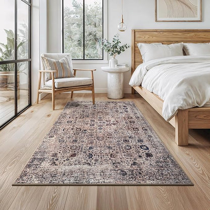 Bloom Rugs Washable Non-Slip 4' x 6' Rug - Light Tan/Blue Traditional Oriental Area Rug for Living Room, Bedroom, Dining Room, and Kitchen - Exact Size: 4' x 6'