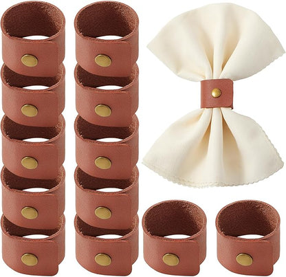 APTWOW Leather Napkin Rings Set of 12 - Fall Thanksgiving Napkin Rings Bulk, Brown Vintage Farmhouse Napkin Holder for Wedding Party Birthday Banquet Table Decor and Daily Use