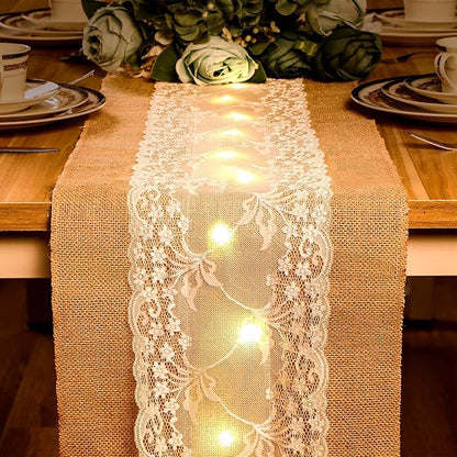 Burlap Table Runner with LED String Lights Rustic 12" x 108" Christmas Tablecloth Lighted Table Runner Farmhouse Decor for Wedding Bridal Shower Xmas Holiday