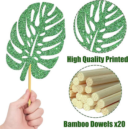 20pcs Glitter Tropical Leaves Centerpiece Decorations for Table Green Palm Leaf Theme Centerpiece Sticks Hawaiian Luau Birthday Decorations for Summer Jungle Theme Birthday Party Baby Shower Supplies