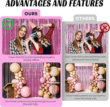 BTSD-home 10 Pack Pink Foil Fringe Curtain, Metallic Photo Booth Backdrop Tinsel Door Curtains for Wedding Birthday Bridal Shower Baby Shower Bachelorette Christmas Party Decorations(8ft x 3ft)