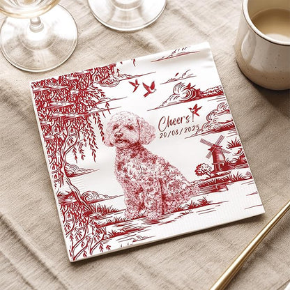 Luxury Personalized Dog Wedding Napkins, Custom Wedding Cocktail Napkins, Blue Floral Cocktail Napkin, Personalized Paper Napkin for Birthday, Engagement Party, Bridal Shower
