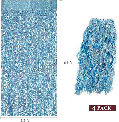 4 Pack Light Blue Party Foil Curtain - CYLMFC 3.3 ft x 6.6 ft Wavy Photo Booth Backdrop Metallic Tinsel Foil Fringe Curtains Environmental Background for Birthday Wedding Party Christmas Decorations