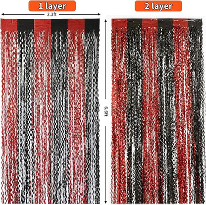 4 Pack Sparkle Red and Black Fringe Curtain - 3.3x6.6 Feet Tinsel Streamer for Birthday Decorations | Halloween Decorations | Casino Theme Party Decorations | Red Carpet