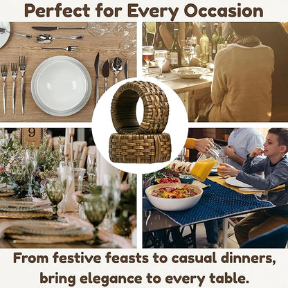 Decorative Cane Napkin Rings Set of 12 - Hand Woven Napkin Holders for Farmhouse, Rustic, Holiday, Wedding, Easter, Thanksgiving, Xmas, Boho & Fall Table Décor (Walnut) - CLEENTABLE