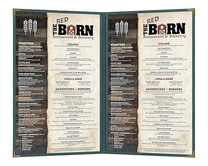 Goodsmart Pajco Style Restaurant Menu Covers – Pack of 10, Side-Loading Menu Holders, Single Stitched Edge, Clear Vinyl Menu Sleeves, Leatherette Trim, Gold Corners, Green, 2 View (8.5" x 14")