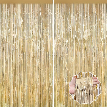 2Pack Champagne Gold Backdrop Birthday Decorations Foil Curtain Backdrop Gold Streamers Dance Party Decors Photo Booth Props for Bachelorette Decors Christmas Halloween New Years Eve Party Supplies