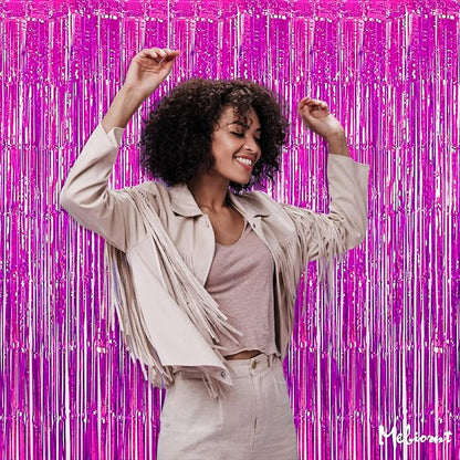 4 Pack Fuchsia Fringe Curtain Backdrop, 3.2Ft x 6.6Ft Metallic Tinsel Foil Fringe Streamers Curtains Background for Photo Booth Birthday Wedding Baby Shower Party Thanksgiving Christmas Decorations
