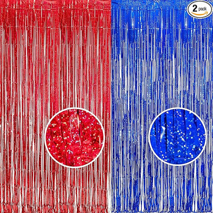 Foil Fringe Curtain 4th of July Decorations - Red Blue Metallic Tinsel Photo Booth Backdrop Party Steamers Curtains for Birthdays Christmas New Years Valentines Bachelorette Parties