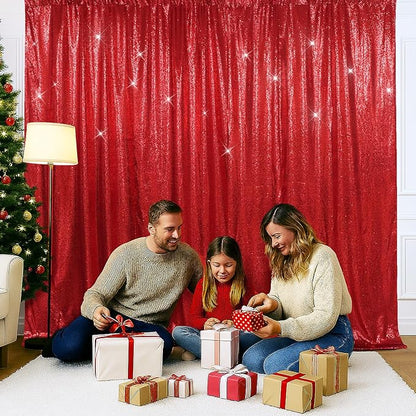 SquarePie Sequin Backdrop Less Transparent Background Sparkly Curtain for Wedding Christmas Party 6FT x 8FT Red