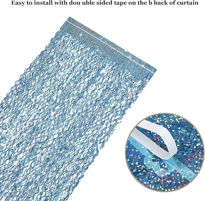 4 Pack Light Blue Party Foil Curtain - CYLMFC 3.3 ft x 6.6 ft Wavy Photo Booth Backdrop Metallic Tinsel Foil Fringe Curtains Environmental Background for Birthday Wedding Party Christmas Decorations