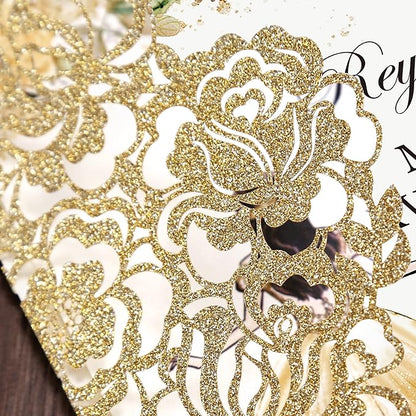 DORIS HOME 50pcs Laser Cut Quinceanera Invitations Gold Glitter, 4.7x7.1 Personalized Quince Invitations for 15th Birthday, Invitation cards for Sweet 16 with Envelopes