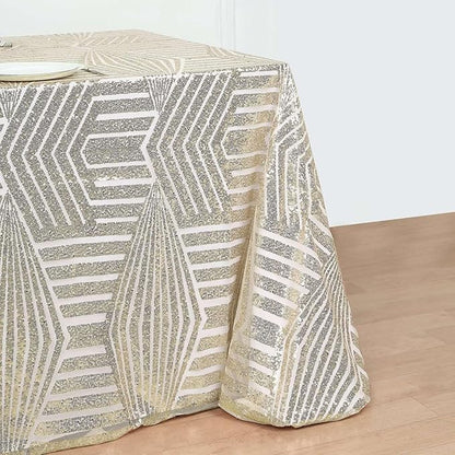 Efavormart 90"X132" Champagne Sparkly Sequin Geometric Tulle Rectangular Tablecloth