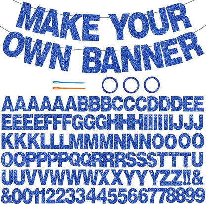 BEISHIDA 116 PCS A-Z Glitter Blue DIY Letter Banner Kit Make Your Own Banner，Including 111 Letters and Numbers 3 Rope and 2 Threading Device,Customized for Birthday Graduation Wedding Party Decor