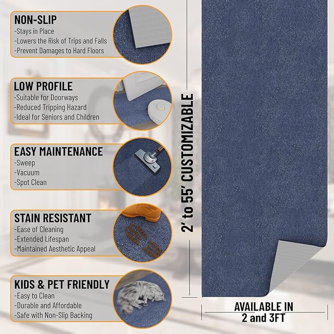 Ottomanson 2' x 14' Ultra-Thin Hallway Runner Rug - Durable Non-Slip Carpet for High-Traffic Areas - Fits Under Doors for Seamless Entry - Ideal for Kitchen, Entryway, Bedroom & Living Room, Navy