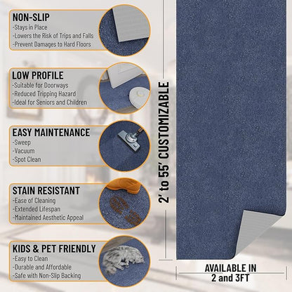 Ottomanson 2' x 14' Ultra-Thin Hallway Runner Rug - Durable Non-Slip Carpet for High-Traffic Areas - Fits Under Doors for Seamless Entry - Ideal for Kitchen, Entryway, Bedroom & Living Room, Navy
