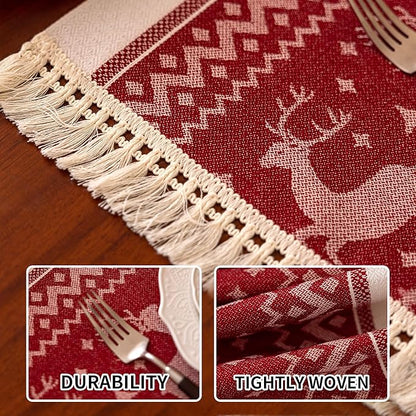 Placemats Set of 4,Elk Placemat with Tassel Fringe,Christmas Placemats for Coffee Table Western Restaurant