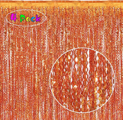 4 Pack Orange Wavy Metallic Tinsel Foil Fringe Curtains | 3.3 ft x 6.6 ft Party Streamer Backdrop Photo Booth for Orange Basketball Party Decorations Holloween Christmas