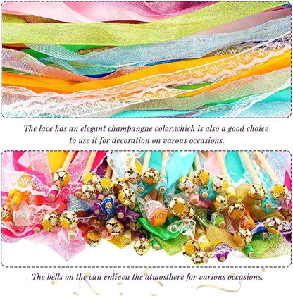40 Pieces Ribbon Wedding Streamers with Bells, Lace Fairy Stick Wand Party Streamers Chromatic Silk Streamers for Party, Birthday and Holiday