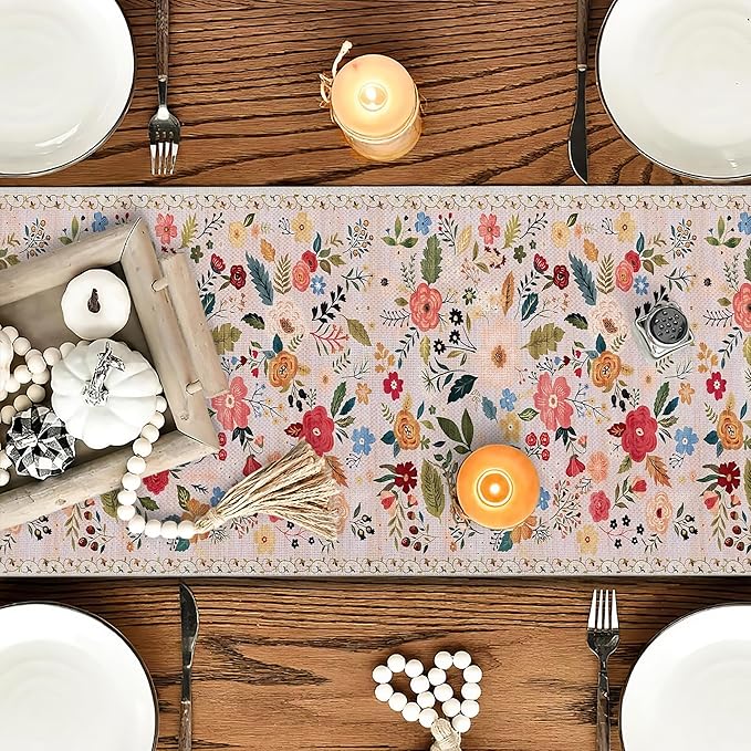 OYIMUA Boho Floral Summer Table Runner 13 x 72 Inches Colorful Flower Runners for Tables Rustic Spring Decorations for Home Indoor Outdoor Party Decor